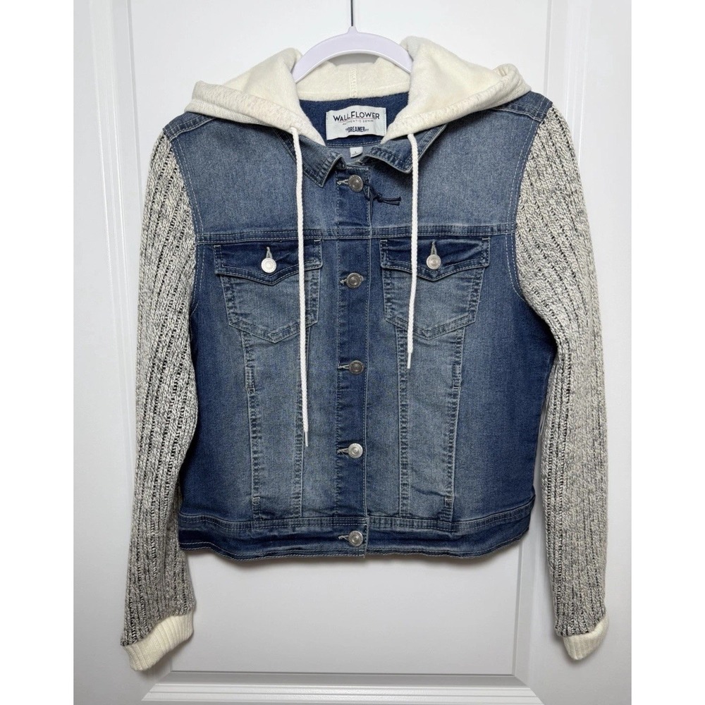 WallFlower Dreamer jean jacket Knitted Sleeves With Hoodie Juniors Size L